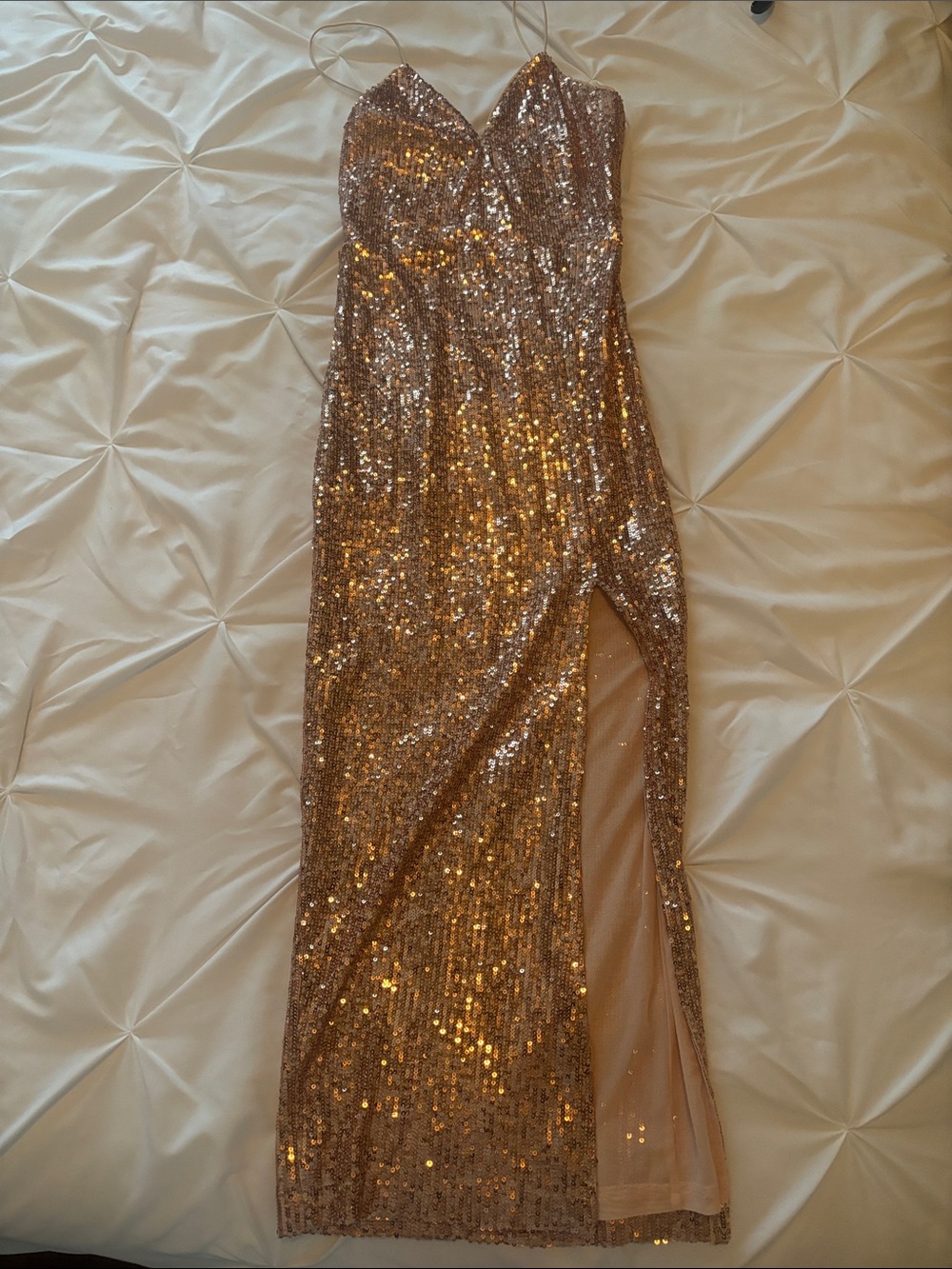 Spaghetti-Strap Sequin Maxi Dress in Rose Gold